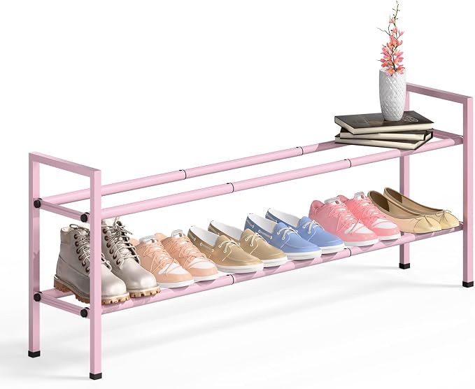 Bumusty 2-Tier Long Expandable Shoe Rack for Closet, 18"-44" Adjustable Shoe Rack for Entryway, 10-12 Pairs Large Shoe Organizer Shelf Storage, Sturdy Metal, Pink by BUMUSTY