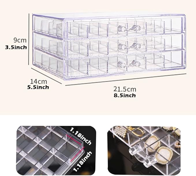 YUFONG Earring Storage Box Organizer 3 Drawers Acrylic Jewelry Storage Box Holder Transparent Jewelry Display Stand with 72 Small Compartments Gift for Women Girls (Clear) - Image 6