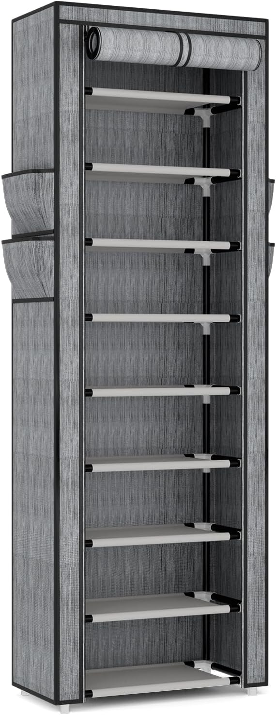 VILICK Shoe Rack with Cover Narrow Shoe Rack Organizer with 4 Side Pockets 10 Tier Tall Shoe Storage Shoe Shelf Holds 18-22 Pairs Shoes and Boots Shoe Rack for Closet, Printing - Image 8