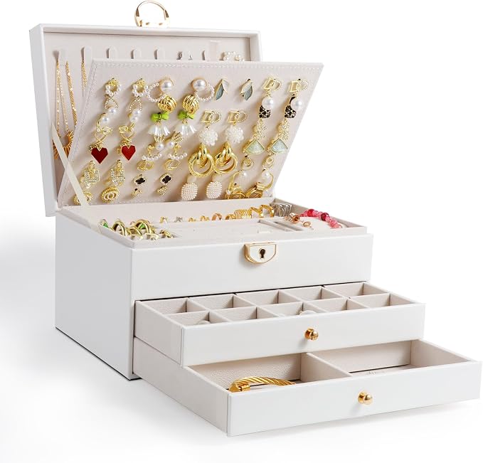 Jewelry Box, 3-Layer Jewelry Boxes for Women, Stud Earings Holder Jewelry Organizers and Storage with Removable Jewelry Tray, PU Leather Vintage Quilted Top Lockable Jewelry Holder Gift Idea by Unimoly