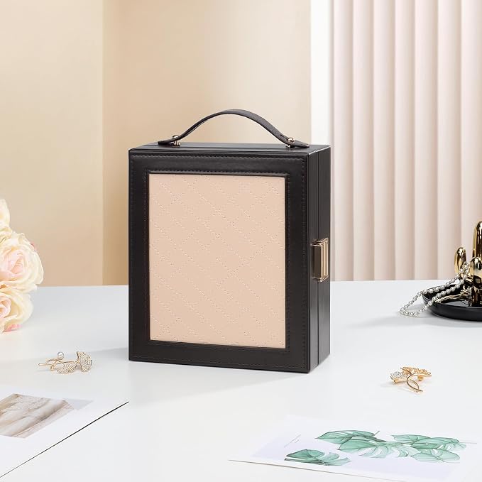 DesignSter Travel Jewelry Case for Woman, Portable Jewelry Travel Box with Mirror, PU Leather Small Jewelry Organizer with Handle for Rings Earrings Bracelets Necklaces(Black Brown & Apricot) - Image 8