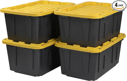 CX Black & Yellow 27-Gallon Heavy Duty Storage Bins with Lids, Stackable Plastic Storage Bins with Weather-Resistant Design, Home Organization, 4 Pack (14.3"H x 20.6"W x 30.6"D) by BLACKYELLOW