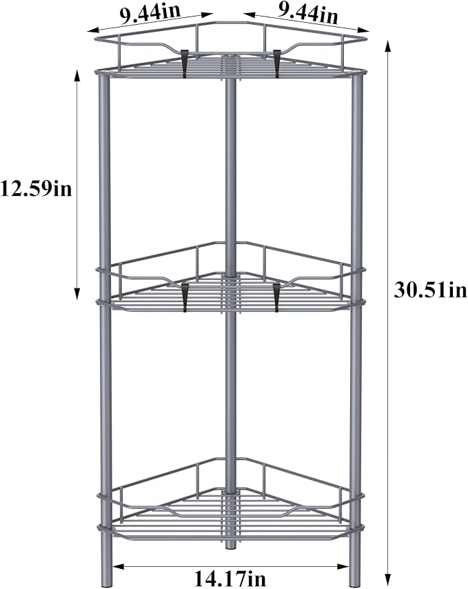 HuggieGems 3 Tier Floor Standing Corner Shower Caddy Organizer Shelf with Hooks, Bathroom Shelves Stand Rack, Dark Gray - Image 6