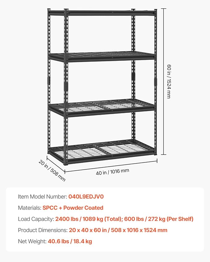 VEVOR Storage Shelves, 2400 lbs, 4 Tier Heavy Duty Garage Shelving, 20" D x 40" W x 60" H Adjustable Metal Shelves for Industrial Shelving Unit Utility Shelf, for Kitchen, Warehouse, Basement, Black - Image 3