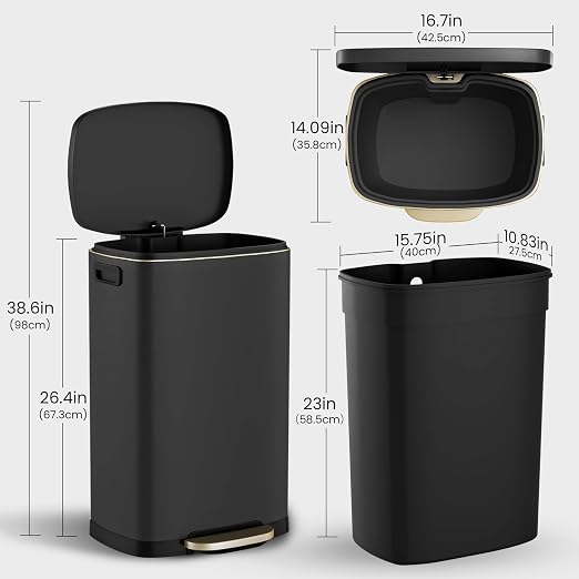 ELPHECO Kitchen Trash Can with Lid Soft Close, 13 Gallon / 50L Stainless Steel Pedal Garbage Can, Heavy-Duty Fingerprint Proof Step Wastebasket with 20 Bags, Removable Bucket, Home Office, Matte Black - Image 2