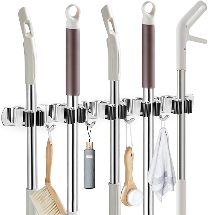 IMILLET Broom Holder Wall Mounted, Stainless Steel Broom Mop Holder Self Adhesive Heavy Duty Hooks Storage Organizer for Home Laundry Room Garden Garage Closet Kitchen 1 Pack（5 Racks with 4 Hooks） by IMILLET