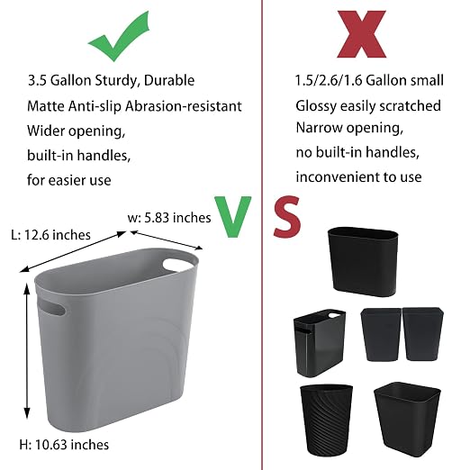 rejomiik Small Trash Can, Slim Garbage Can Plastic Waste Basket with Handles 3.5 Gallon Container Bin for Narrow Spaces Bathroom, Bedroom, Kitchen, Office at Home, 2 Pack Grey - Image 3