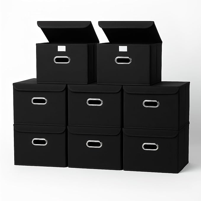 STOREONE Fabric Storage Cube Bins Foldable Organizer Container Collapsible Basket with Lids and Metal Handles, for Home, Bedroom, Closet 8 Pcs (Black) by STOREONE
