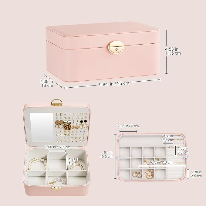 Lolalet 2 Layer Jewelry Box with Lock and Key for Teen Girls & Young Women, Jewelry Organizer Case with Round Clasp and Mirror for Earrings Rings Necklaces Storage, Gift Idea -Lightpink - Image 3