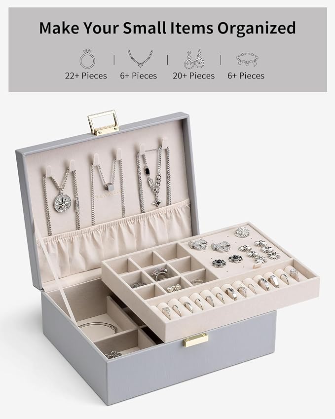 VLANDO 2 Layer Jewelry Box Large Jewelry Organizer for Women Removable Jewelery Tray for Necklace Earrings Rings Bracelets Jewelry Boxes Christmas Birthday Gifts for Women(Grey) - Image 4
