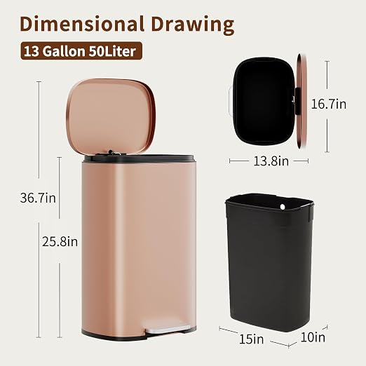 PayLessHere Trash Can Kitchen Stainless Steel Trash Can Trash Can with Lid Removable Inner Bucket Foot Pedal Soft Close for Office Home Kitchen Garbage Can Trash Bin (Pink, 13 G) - Image 7