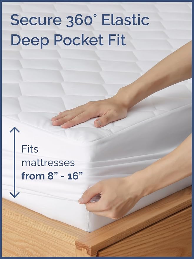 Quilted Fitted Mattress Pad Protector Full Size - Elastic Fitted Mattress Topper & Cover - Breathable, Soft, Low Profile Top Cover with 8-16 Inch Deep Pockets - Easy-Fit and Machine Washable - White