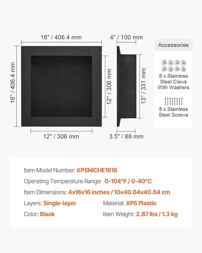 VEVOR Shower Niche,16-Inch Width x 16-Inch Height x 3.5-Inch Depth Single Shelf Organizer,Wall-Inserted Niche Recessed Sealed Protection Modern Soap Storage for Shower Bathroom,Black - Image 7