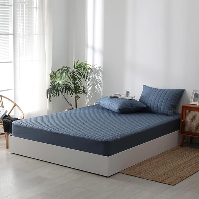 Quilted 100% Cotton Mattress Cover – 6 Colors, Machine Washable, Breathable & Stretchy, Fits up to 16-Inch Deep, Twin/Full/Queen/King (Navy, Full)