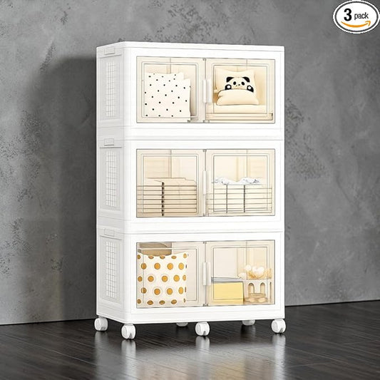 FINCHESCLUB 568QT/141Gal XL Stackable Storage Bins with Lids, Foldable Storage Bins with Doors, Wheels, and Lights - Collapsible Closet Cabinets for Home Office, 3 Pack - White