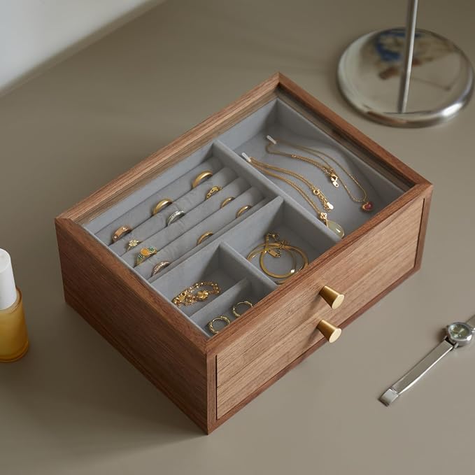 Black Walnut Jewelry Organizers and Storage,2 Layer Wooden Jewelry Boxes for Women,for Necklaces Ring Earring (2 Layer) - Image 3