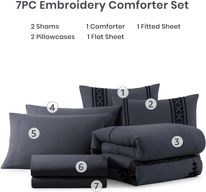 MaiRêve Embroidery Queen Size Comforter Set Crown Blue, Boho Farmhouse Western Bedding Set 7 Pieces, All Season Bed in A Bag Comforter Set with Sheets, Pillowcases & Shams