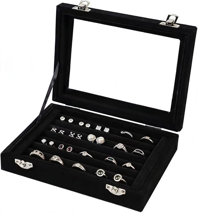 Jewelry Box Rings Organizer Tray 7 Slots Velvet Jewelry Earring Storage Box With Transparent Lid Jewelry Display Case for Girls Women (Black) by EONGOA