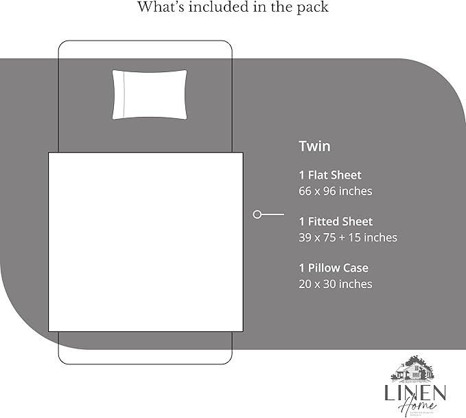 Linen Home 100% Cotton Percale Sheets Twin Size, Smoky Charcoal, Deep Pocket, 3 Pieces Set - 1 Flat, 1 Deep Pocket Fitted Sheet and 1 Pillowcase, Crisp Cool and Strong Bed Linen