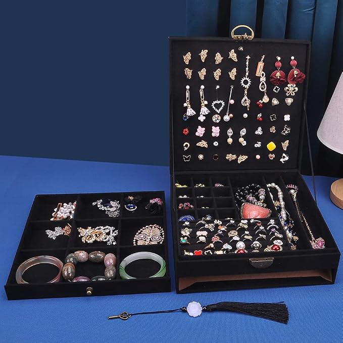 Women Jewelry Box Lockable 3 Layers Large Jewelry Organizer Storage Case for Earrings Necklaces Rings Bracelets,Green Display Jewel Holder (Black) - Image 2