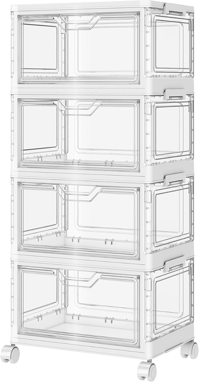 SNSLXH Portable Clear Storage Bins with Lid & Wheels, 24QT Clear Storage Bins with Lid, 4-Tier Plastic Bins with Wheels, Stackable, Magnetic Doors, for Bedroom, Living Room, Office by SNSLXH