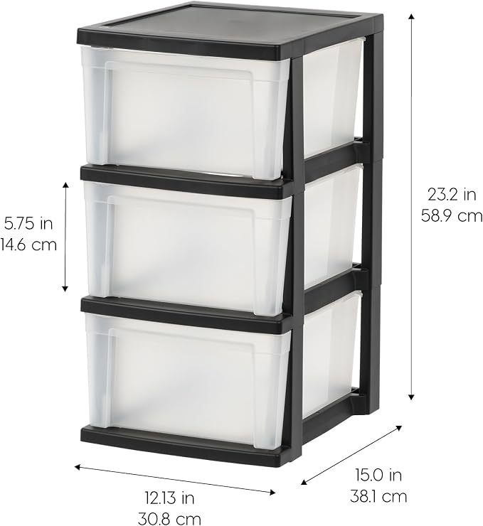 IRIS USA Plastic Drawer Storage Organizer, 3-Drawers, 2-Pack, for Classroom Art Craft Supplies, Bathroom Bedroom, Laundry Room, Black/Clear - Image 3