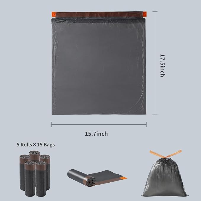 MOPALL Small Trash Bags with Drawstring, 2.6-4 Gallon Bathroom Garbage Bags, 15 Liter Black Waste Basket Liners for Bedroom, Office, Pet & Diaper Pail, Strong & Leak Proof (75 Count, 17.7" x 19.7") - Image 2