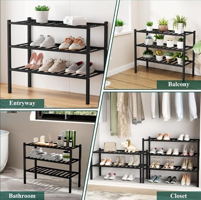 Smiry Shoe Rack, 3 Tier Bamboo Shoe Organizer, Stackable Free Standing Wooden Shoe Storage Shelf for Closet, Entryway, Front Door Entrance, Black - Image 7