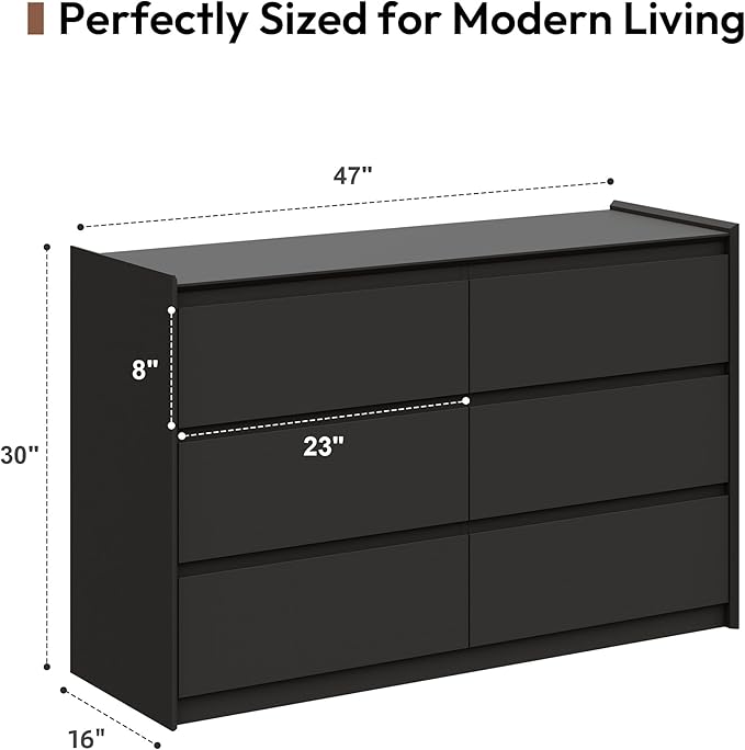 47" Black Dresser for Bedroom, Modern Long Wooden 6 Drawer Dresser, Sturdy Wood Chest of Drawers with Anti-Tip Kit, Handle-Free Horizontal Cabinet for Master Room, Matte Black