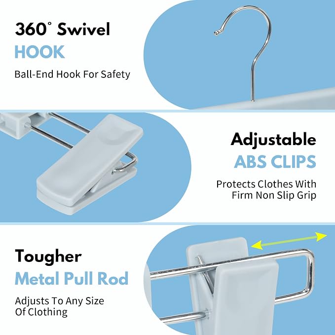 Skirt Hangers，Pants Hangers with Clips，360 ° Swivel Hooks Space Saving Hangers for Pants, Skirts, Clothes, Jeans (10Pack, Light Blue) - Image 4