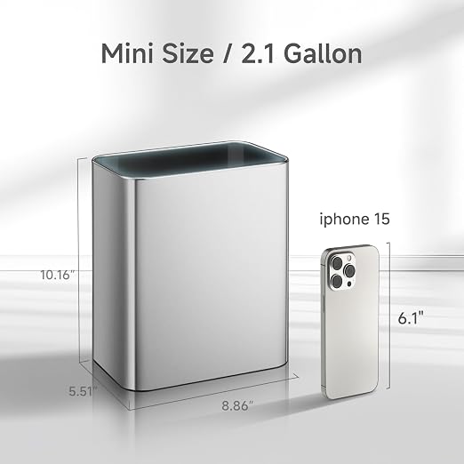 TIPGO Small Metal Trash Can, 2.1 Gallon Slim Trash Can for Bathroom, Wastebasket Garbage Bin for Bedroom, Office, Kitchen, Under Sink (Silver) - Image 2