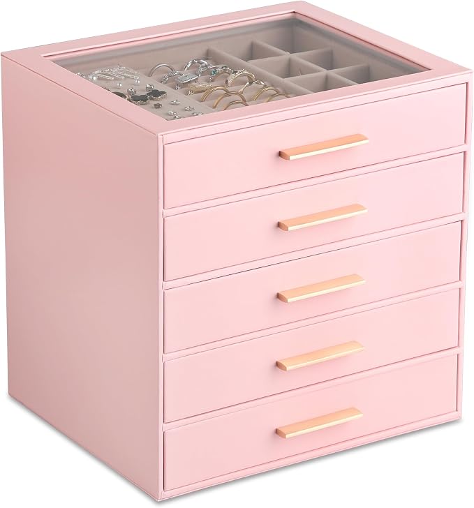 Frebeauty Clear Lid Jewelry Box,5-Layer Jewelry Organizer with Drawer,PU Leather Jewelry Organizers and Storage,Jewelry Boxes for Women,Jewelry Storage for Rings Earring Stud,Gift for Women(Pink) by Frebeauty