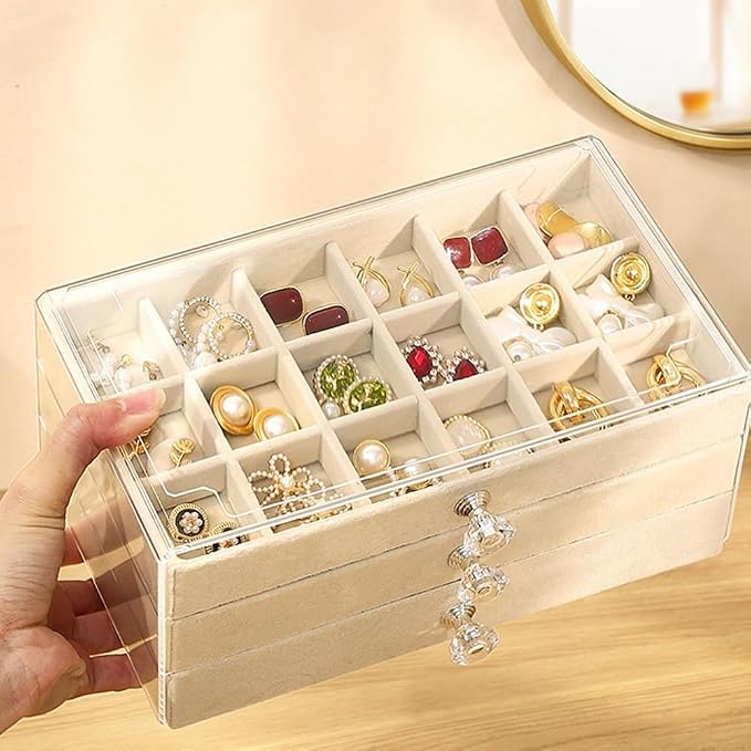 SPAKOWN Earring Box Holder Organizer Display Case, Clear Velvet Jewelry Storage Tray Organizer for Earring Ring Stud (Beige - 3 Drawers) - Image 3