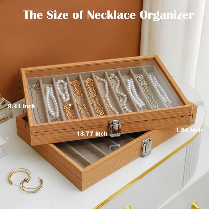 Glass Lid Necklace Organizer Box Transparent Necklace Holder Organizer Velvet Necklace Display Box Clear Lid Jewelry Storage Stackable Necklace Display Case for Women Girls (Style A) - Image 6