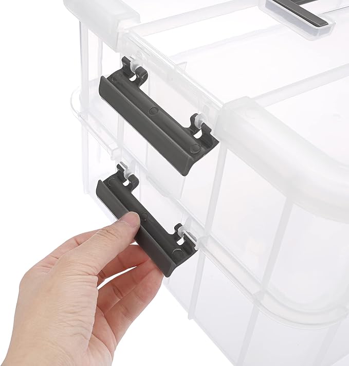 JUXYES 2-Tiers Stack Carry Storage Box With Handle, Transparent Stackable Storage Bin With Handle Lid Latching Storage Container for School & Office Supplies - Image 4