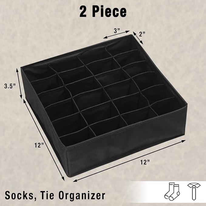 Simple Houseware 2 Pack Closet Sock Organizer, 24 Cell Drawer Divider, Black - Image 2