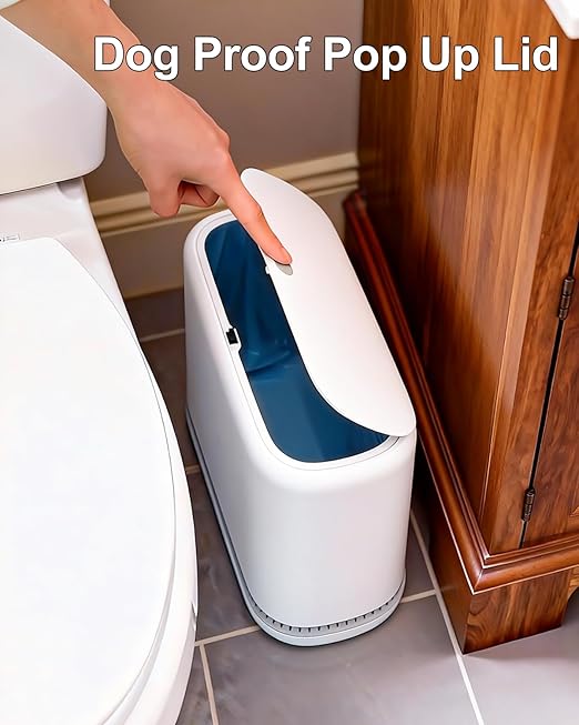 2.3 Gallon Slim Small Bathroom Trash Can with Lid, White Dog Proof Garbage Can with Air-Press Bag Expander & Removable Bucket, Narrow Bathroom Waste Basket for Bedroom, Office, Dorm - Image 3
