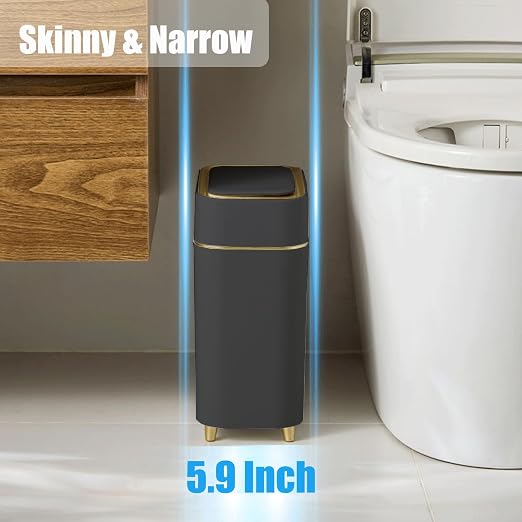 Yatmung Automatic Bathroom Trash Can with Touchless Lid - Slim Motion Sensor Trash Can - Bathroom, Bedroom, Kitchen, Laundry Room, Small Spaces - Compact Smart Trash Bin - Black with Gold Edge, 1Pack - Image 2