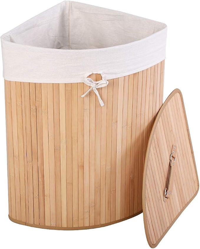 GOFLAME Corner Bamboo Laundry Hamper with Lid and Removable Liner, Washing Clothes Basket Storage Bin with Handle, Suitable for Bedroom, Bathroom, Laundry (Natural) - Image 4