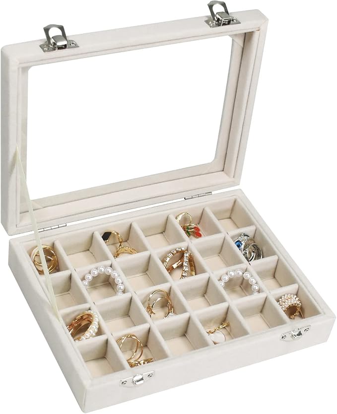 Vicoter Velvet Jewelry Box 24 Grid Jewelry Ring Display Organiser Box Tray Holder Earrings Storage Case for Girls Wife Mom Women (Beige) by Vicoter