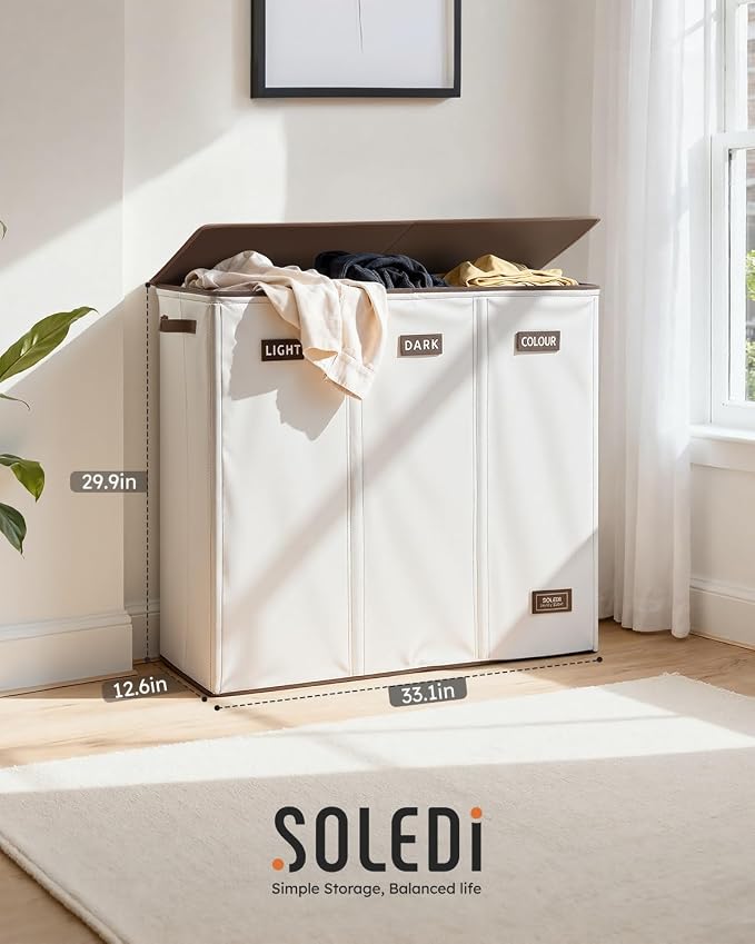SOLEDI 200L 3-Section Laundry Hamper with Lid, Extra Large Dirty Clothes Basket with Sturdy Handles for Laundry Room & Bedroom - Durable Organizer for Sorting Laundry - Image 6