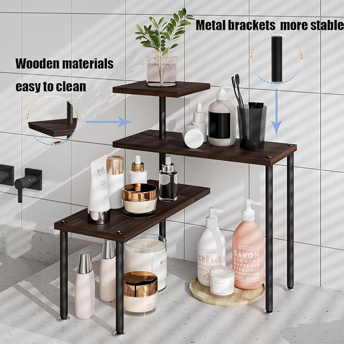 Countertop Organizer Organization 3 Tier Kitchen Corner Shelves Adjustable Spice Storage Rack for Bathroom Coffee Area Over Sink (Black Oak) - Image 4