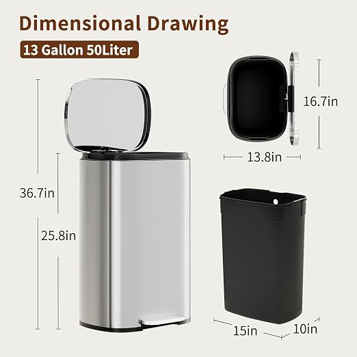 PayLessHere Trash Can with Lid, 13 Gallon (50L) Stainless Steel Kitchen & Office Recycling Bin with Foot Pedal Soft Close & Inner Bucket - Image 7