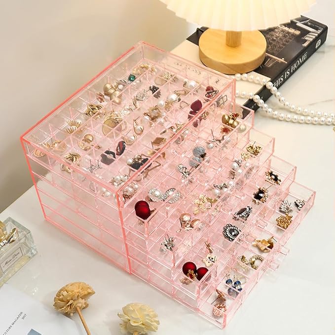 YUFONG Earring Storage Box Organizer, Acrylic Jewelry Storage Box Holder 5 Drawers Transparent Jewelry Display Stand with 120 Small Compartments Gift Boxes for Women Girls (Clear Pink) - Image 4