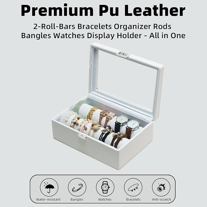 Bracelets Organizer Rods Bangles Display Holder, Clear See through Lid Leather Velvet Jewelry Storage Box Case for Women, 2 Rods White Leather - Image 4