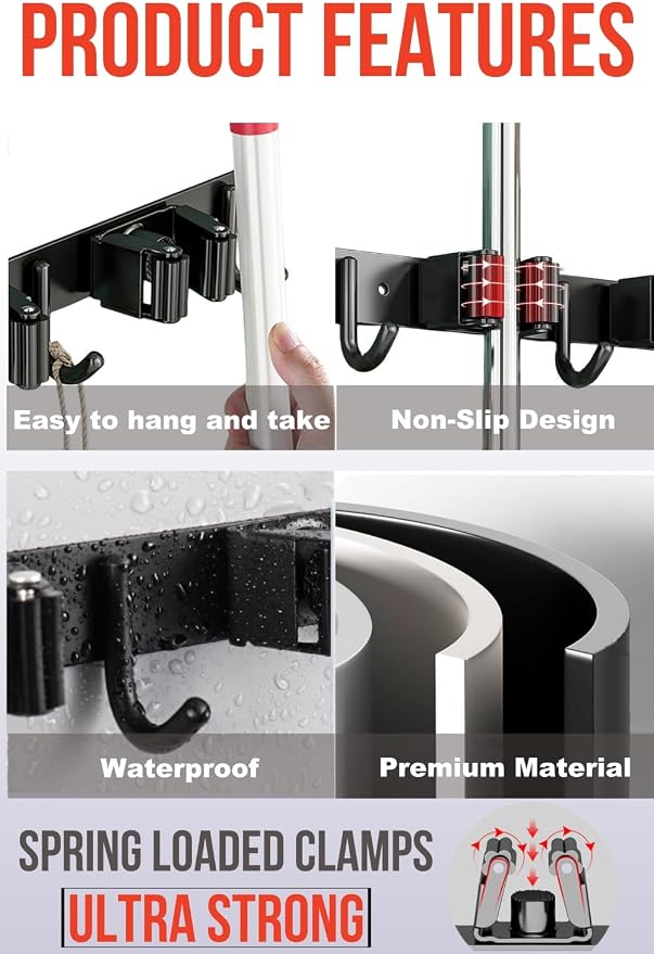 2 Pack Mop and Broom Holder Wall Mount, Upgraded Broom Hanger Wall Mount, Stainless Steel Broom Organizer for Closet Garage Laundry Room Kitchen Wall Decor Black 5R4H - Image 2
