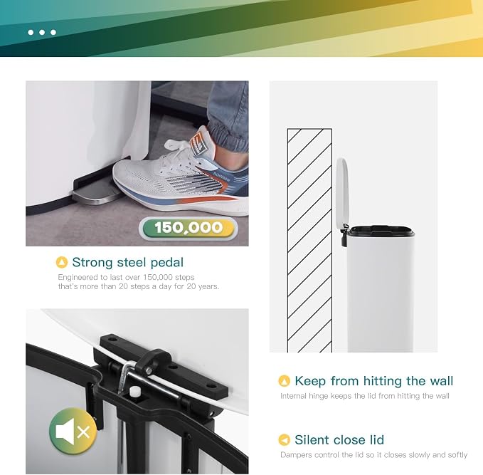 FDW | 13 Gallon Trash Can with Lid | White | Fingerprint-Proof | Made of Brushed Stainless Steel | Soft-Close Step Pedal | Hands-Free Use | Easy to Clean | for Kitchen, Office, Bathroom - Image 2