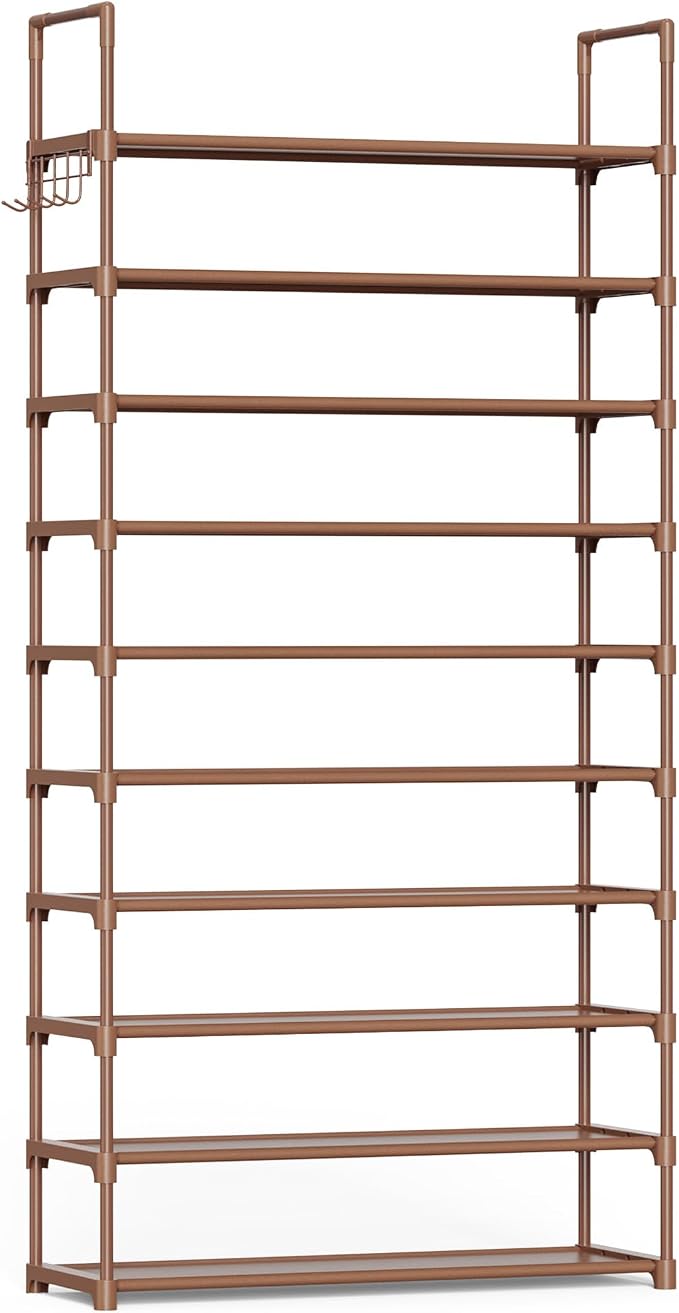 Kitsure Shoe Rack for Closet - 10-Tier Shoe Organizer with Hook Rack, Large-Capacity & Space-Saving Shoe Shelf for Entryway, Bedroom, Living Room,32.2" x 11.8" x 68.5", Brown by Kitsure