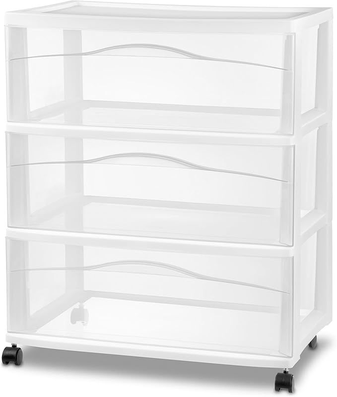 Sterilite Wide 3 Drawer Storage Cart, Plastic Organizer with Wheels, White - Multipurpose Bin for Clothes, Accessories, or Home Accessories by Sterilite