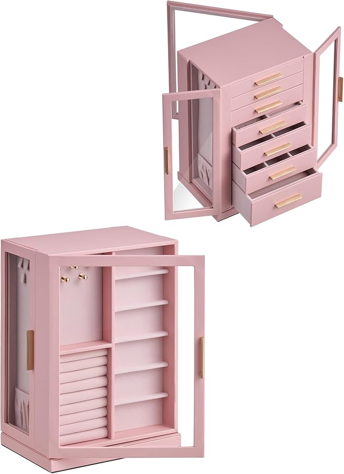 Glimmloop 360° Rotating Jewelry Box with 7 Drawers, Spacious Vertical Jewelry Organizer with Glass Window, Jewelry Storage Case, Dustproof & Moisture-resistant Design, Pink - Image 7